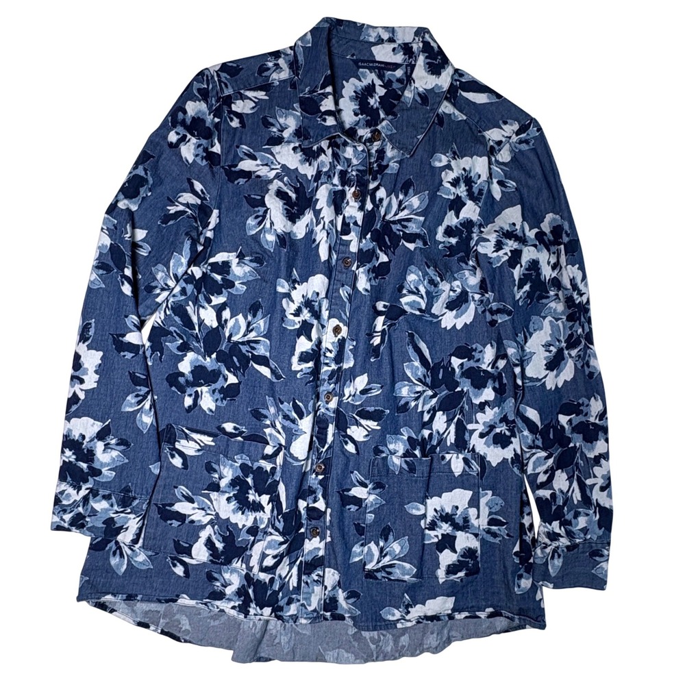 10 Cotton Spandex Button Down Shirt Blue Floral Long Sleeve Isaac Mizrahi boho